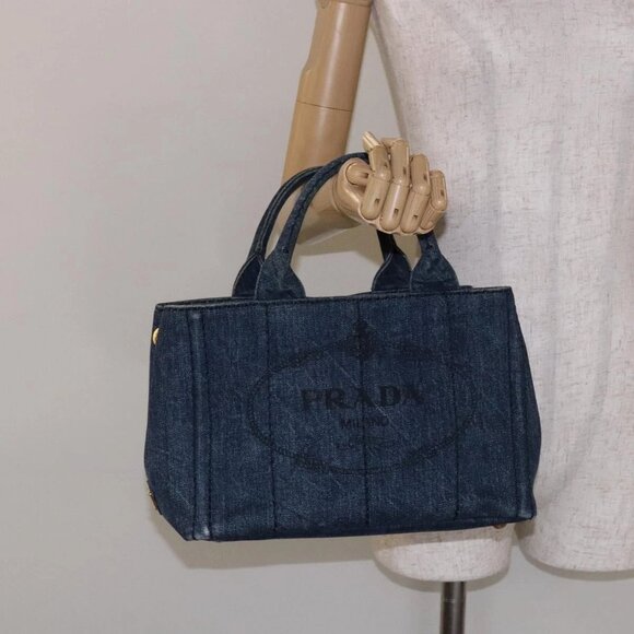 PRADA Canapa PM Hand Bag Denim Blue Gold Auth - Picture 1 of 16